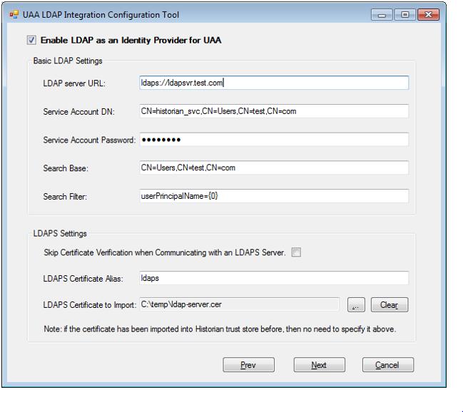 First the user can elect to enable or disable LDAP as an identity provider for UAA by checking or clearing the checkbox at the top labelled Enable LDAP as an Identity Provider for UAA.