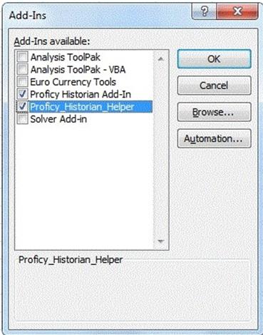 5. Select Historian Add-In and Proficy_Historian_Helper and click OK.