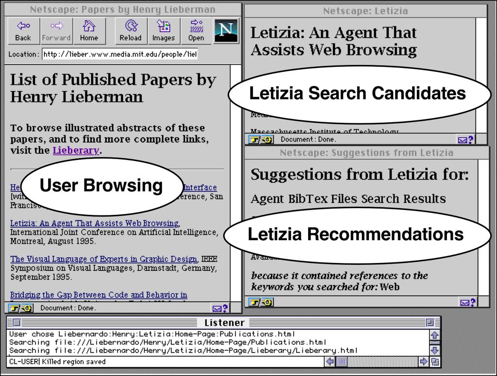 Interface Agents: Letizia Letizia is a user interface agent that assists a user browsing the Web The agent tracks user behavior and attempts to anticipate items of interest by doing concurrent,