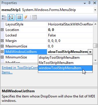 Adding a Window Menu Parent form should include a Window menu Lists open child windows Allows the user to switch between windows and arrange multiple child windows Set the MenuStrip's