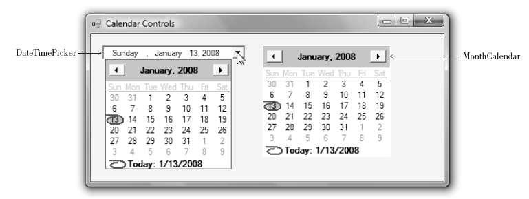 The Calendar Controls - 2 Displays a calendar Displays only the day and date unless the user drops down