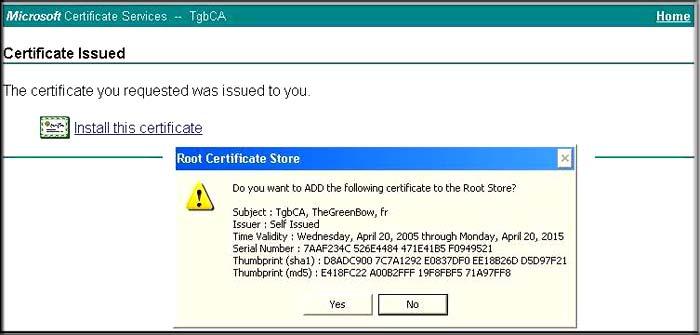 Figure 93. 11. After processing the Certificate Installed page appears confirming the Certificate successful installation in the Internet Explorer Certificate store. Figure 94.
