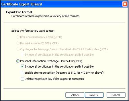 8. Click Next. 9. Select the Personal Information Exchange - PKCS #12 (.PFX) radio button and the Include all certificates in the certification path if possible check box.