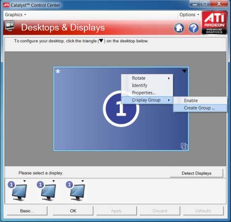 Using ATI Eyefinity Technology Creating a 3x Display Group Landscape Mode First steps With three or more displays connected right click on the desktop or click on the black triangle to access the