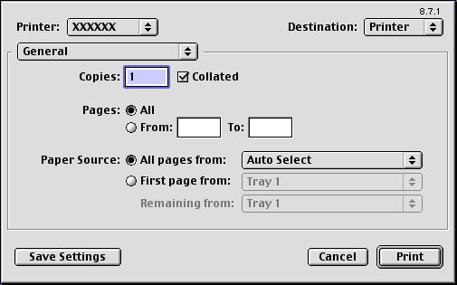 Various Printing Methods 4 For Mac OS 9.2 1 Open the data in the application, File, and then click Print. 2 Check that the printer name has been selected. 3 Select General.