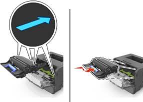 Insert the imaging unit by aligning the arrows on the side rails of the unit with the arrows on the