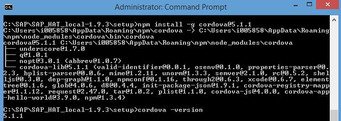 Install Apache Cordova CLI 1. Open the Windows Command Prompt and type in npm install -g cordova@5.1.1. Apache Cordova is an open-source mobile development framework.