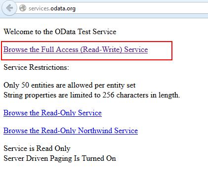 5. Click Service URL. Service Information, click drop-down and select Northwind and provide the service URL. You can obtain the service URL from http://services.odata.