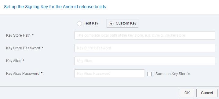 4. Setup the release key for Android Set an application key Test Key Use system generated