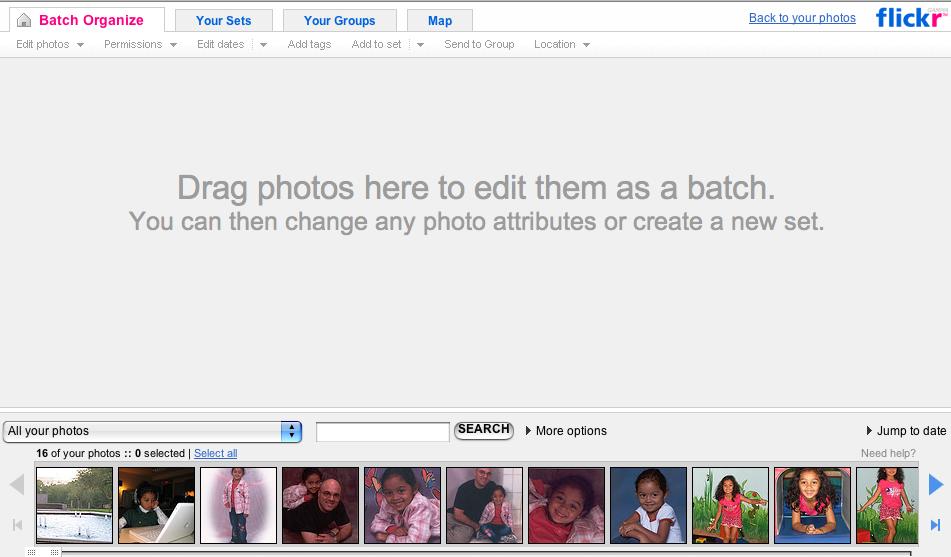 Batch Organizer Flickr has a batch organizer that can be used to work on more than one photo at a time.