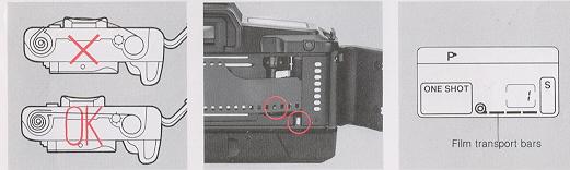 4) Make sure that the film has no slack and that its perforations are properly engaged with the sprocket teeth. 5) Close the back cover.