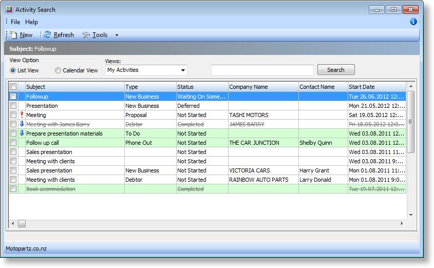 EXO Business CRM includes an Activities Search view, which is available as a Dashboard widget and a standalone