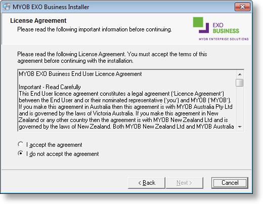 Insert the MYOB EXO Business CD and select Install MYOB EXO Business on the Install tab. If the install menu does not run automatically, run the ExoBusinessInstaller.