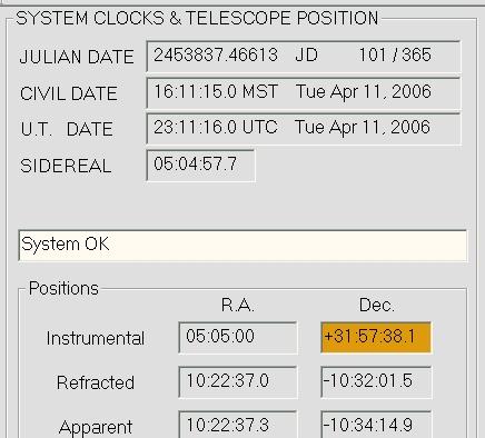 Click on this image to ACE Desktop: Clocks, Positions, and Pointing Models (Region 3) The System Clocks & Telescope Position displays the relevant values of the current time and position of the