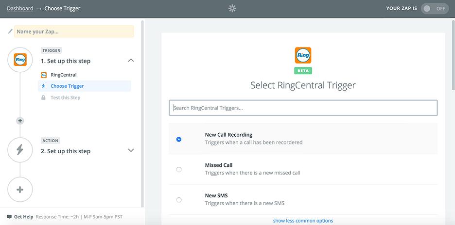 RingCentral for Zapier User Guide Login and Create Your First Zap 8 Once you select the RingCentral app, you will see the triggers you can configure for your RingCentral accounts.