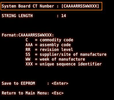 To return to the EEPROM menu, select ESC. 14. To update the system board number in the EEPROM, you select 8 from the EEPROM menu.
