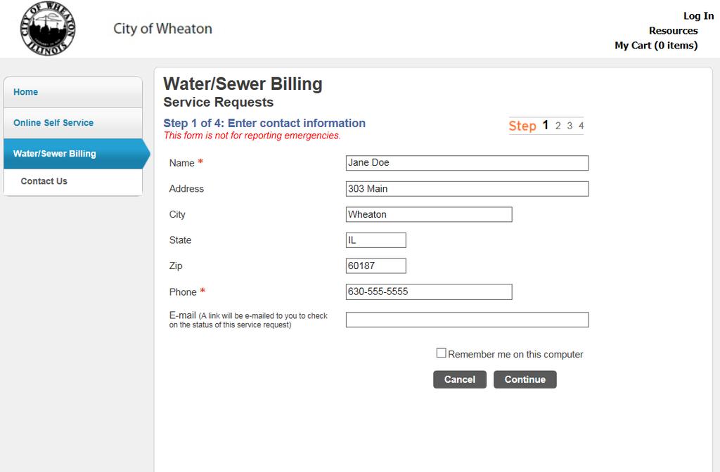 2. Complete Step 1 of the Water/Sewer Billing Service Request form and click the Continue button to move to Step 2.