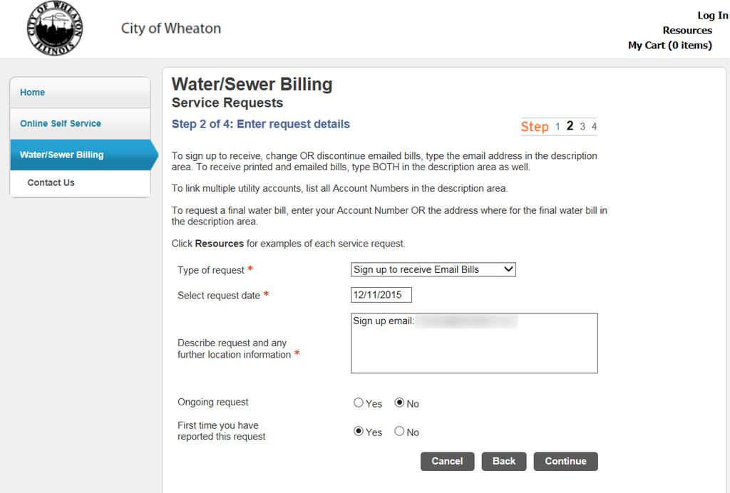 4. Complete Step 3 of the Water/Sewer Billing Service Requests by entering service location information.