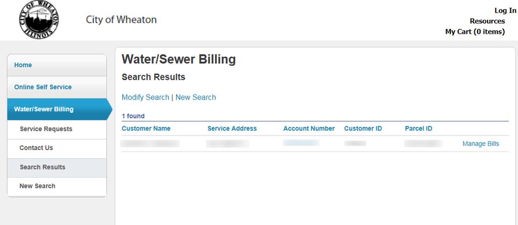 3. On the Water/Sewer Billing Search Results screen click the Manage Bills link. 4.