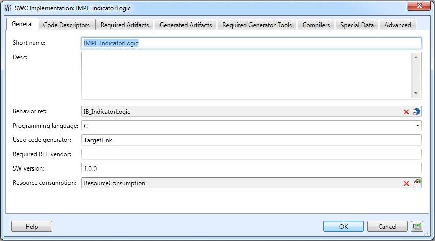 Figure 9: SWC implementation Properties Dialog For describing the code files, you need to create a code descriptor on the Code Descriptors Page of the SWC Implementation Properties dialog.