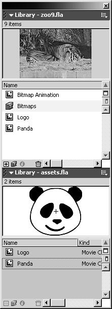 2) Select the Logo symbol in the assets.fla library. Drag the symbol to the zoo9.fla library. Then drag the Panda symbol from the assets.fla library to the zoo9.fla library. When you drag the Logo and Panda symbols into the zoo9.