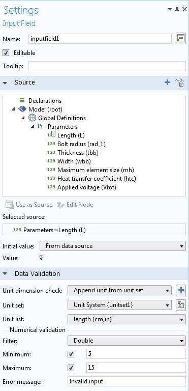 The two figures below show the corresponding Settings windows for the two input fields for Length and Applied voltage. The Unit dimension check is set to Append unit from unit set.