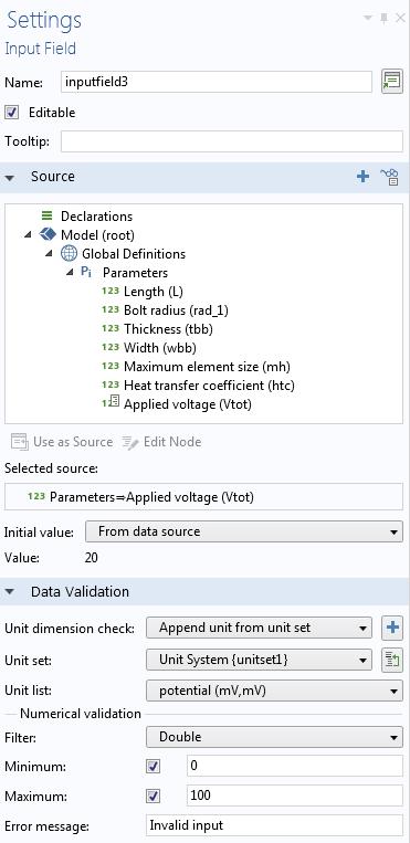 When using Append unit from unit set, the Numerical validation section (under Data Validation) refers to the Initial value of a Unit Set; in this case, cm and mv, respectively.