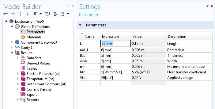 In Global Definitions > Parameters, change the Length to 15[cm].
