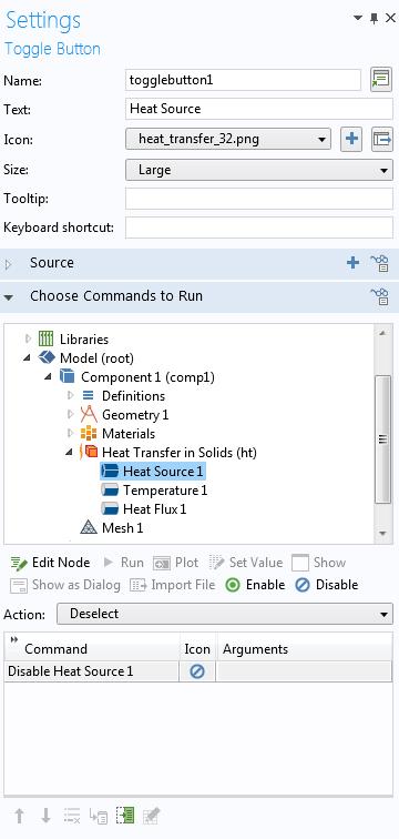 Below the Source section is the Choose Commands to Run section, with a choice for Action that represents two different