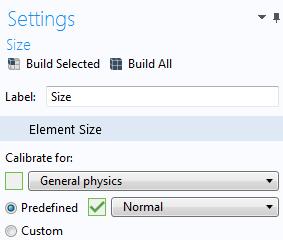 In the Settings window of the Mesh node, select User-controlled mesh (if not already selected). In the Size node, directly under the Mesh node, select the option Predefined.