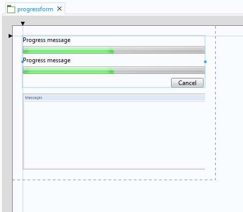 The figure below shows the form progressform. The code segments below show typical built-in methods used to update the progress bar and the message log.