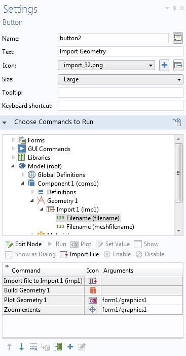 The figure below shows the Settings window of a button used to import a CAD file. A File Import object can also reference a File declaration. For more information, see File on page 137.