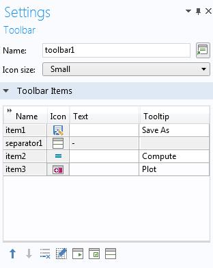 Toolbar A Toolbar object contains the specifications of a toolbar with toolbar buttons. The figure below shows a toolbar with buttons for Save as, Compute, and Plot.