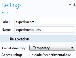 In this application, the File types table specifies that only CSV files are allowed. The Settings window for the File declaration is shown in the figure below.