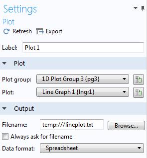 The example below shows the Settings window of an Export > Plot node that is used to export plot data as numerical values. The Filename in its Output section is set to temp:///lineplot.txt.