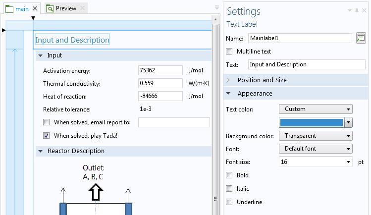 In the figure below, the Settings window for a text label object is shown where the font size and color is changed.