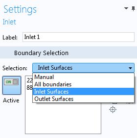 The figure below shows the Settings window for an Inlet boundary condition where the Inlet Surfaces selection is used. In this example, there is also an Outlet Surfaces selection.
