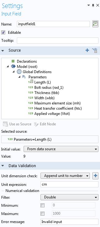 Settings window, you can also set an Initial value. The figure below shows the Settings window for an input field.