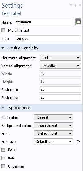 allowing for Multiline text. If selected, the Wrap text check box is enabled. The figure below shows the Settings window for a Text Label object.