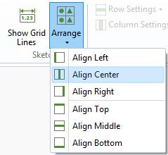 The Sketch group in the Form tab has two options: Show Grid Lines and Arrange. The Arrange menu allows you to align groups of form objects relative to each other.