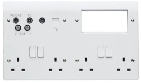 PLATE WITH 4 X EURO APERTURE K2740WHI 1 4 GANG DP COMBINATION PLATE WITH TV/FM/DAB/SAT X 2 QUAD, TV, TELEPHONE AND 4 X