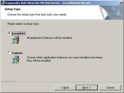 13 Kaspersky Anti-Virus for MS ISA Server installation or custom installation (Fig. 2). If you are installing the entire Kaspersky Anti-Virus application (anti-virus kernel, administration tools, etc.