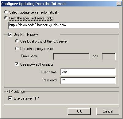 39 Kaspersky Anti-Virus for MS ISA Server 2. Click Settings for updating from Internet to define the source of updates. 3. In the new dialog box (Fig.