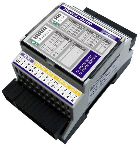 General The hipecs-cio100 is a low cost CANopen unit with 16 digital inputs and 16 digital outputs suitable for 24 V DC applications.