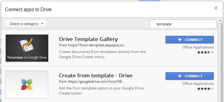 Access a Template To access Google Template Gallery: 1. Click the Create button and the Connect more apps link at the bottom. A new Connect apps to Drive window will open.