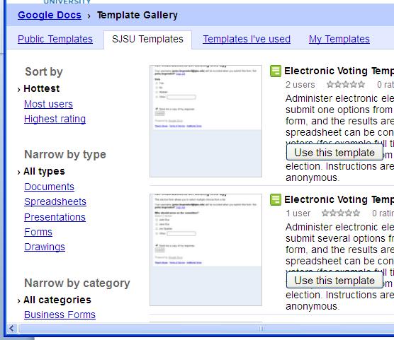 4. Click the SJSU Templates tab and its content will be displayed. Click the link in blue text on the left to browse or preview the various templates at SJSU.
