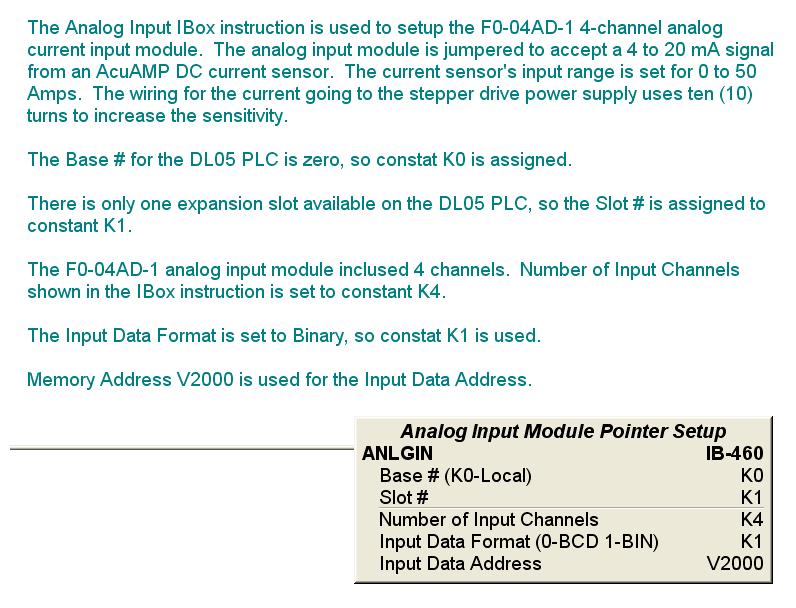DirectSOFT5 Analog Input IBox Instruction 9 of 15 19:24 Rung 11 The current from the Stepper Motor Power Supply to the Stepper Motor Drive is monitored using an AcuAMP DC current sensor.