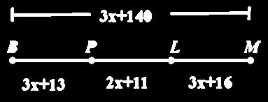 = E = K, M, and P are collinear with P between K and M. PM = 2x+4, MK = 14x 56, and PK = x+17 Solve for x.