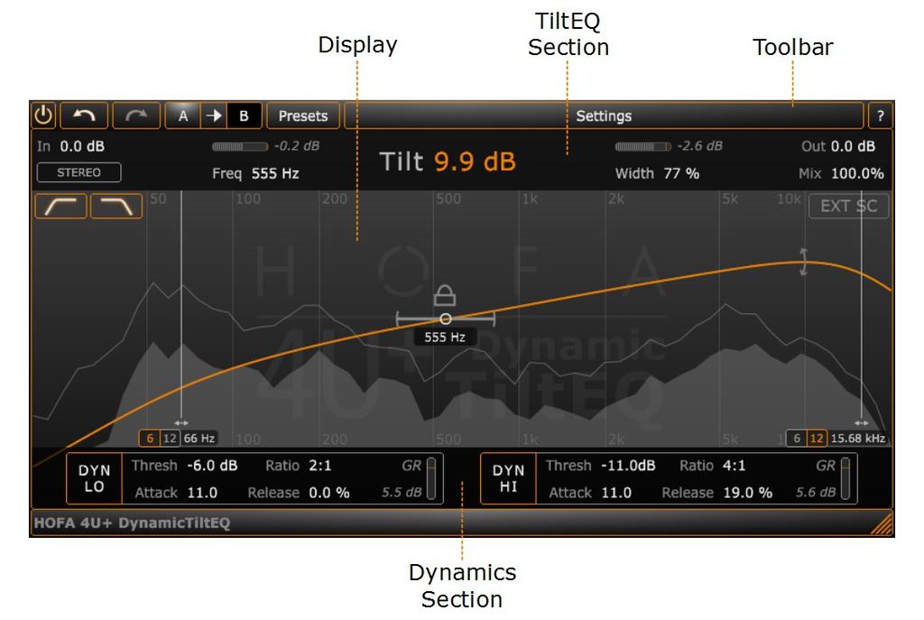 Controls Besides the toolbar at the top, 4U+ DynamicTiltEQ consists of three different sections. The tilt EQ section contains controls to set the tilt EQ and input/output gains and options.