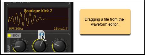 Drag and Drop BigKick implements a number of features using drag and drop. The most useful features are: Drag the Waveform display to get a WAV version of your kick drum.